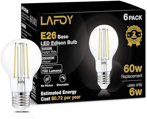 Lafoy A19 Daylight Edison Bulbs, Dimmable E26 LED 60 Watt Equivalent 6 Pack by Lafoy