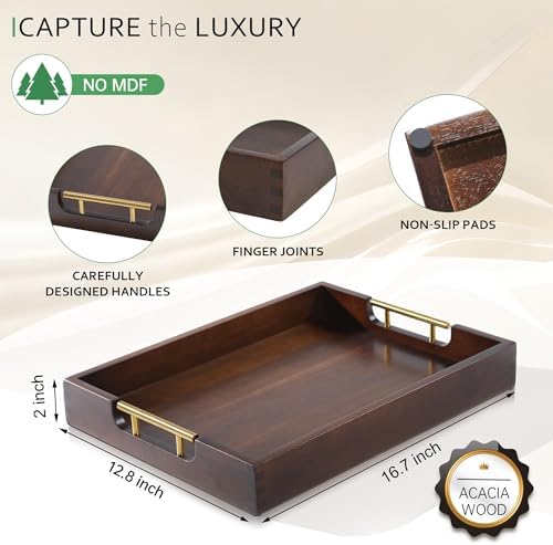 Joy&Grace Acacia Wood Ottoman Tray with Handles 16.7" x 12.8" - Image 2