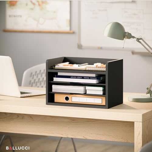 Ballucci File Organizer, 4-Tier Office Desk Organizer, Open Top Wood Paper Organizer for Classroom, Desktop Mail Sorter Paper Tray, Black - Image 6