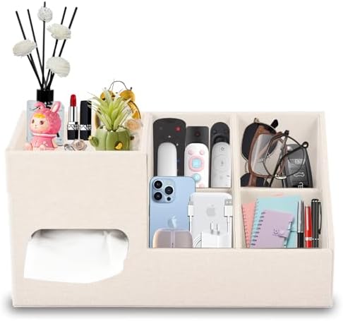 Plus Size Tissue Box Cover-Square Linen Tissue Cover with Side Storage and Tray,Modern Makeup Organizer,Leather Tissue Holder Decorative Cube Organizer for Living Room Vanity NightStand Office,Beige by XNONE