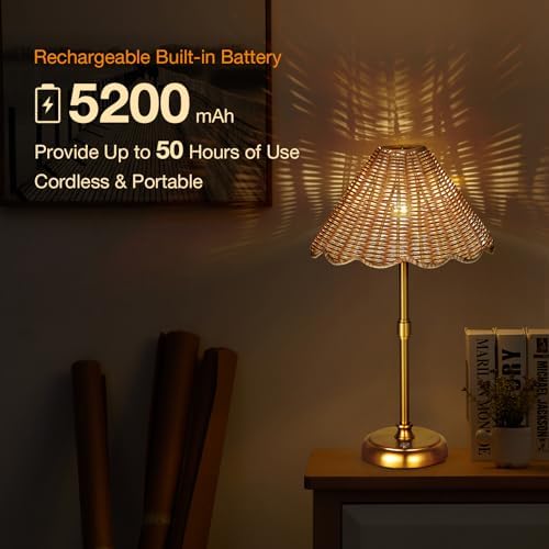 Cordless Boho Rattan Table lamp, 5200-mAh Rechargeable Battery, 3-level Brightness Dimmable, Build-in Integrated LED 320 Lumen Max, Rattan Shade, for Bedside Restaurant Resort Hotel Dining Table - Image 4