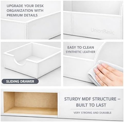 UnionBasic Desk Organizer - Multifunctional Leather Desktop Pen Holder Storage Box - Business Card/Pen/Pencil/Mobile Phone/Stationery Holder, White - Image 2
