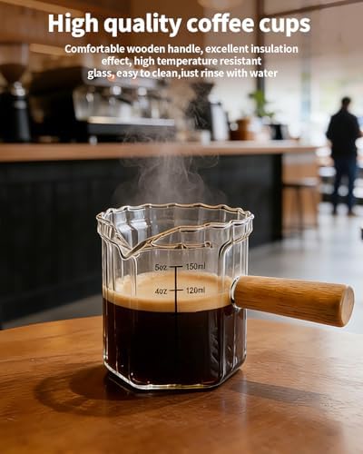 Espresso Measuring Cup 5 Oz, Espresso Glass Cups with Wood Handle, Milk Frothing Cup, Espresso Cup for Coffee, Milk, Tea or Maple Syrup Serving (Transparent, 5 oz) - Image 3