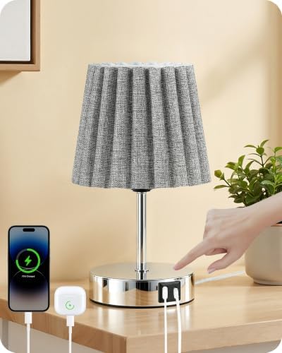Small Bedside Table Lamp, Touch Dimmable Table Lamp with USB Ports, Nightstand Lamp with a Stepless Dimming LED Bulb, E26 Base, for Bedroom, Study, Desk, Glossy Gray and Gray PSH16TL05 by GOEBLESON