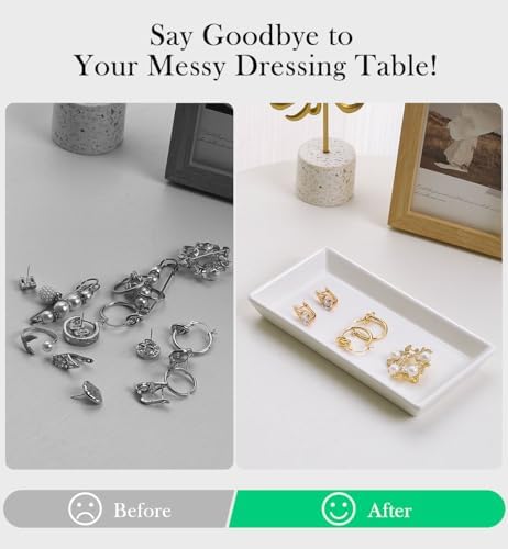 Emibele Jewelry Tray, Small Rectangle Ceramic Vanity Tray Jewelry Dish, Trinket Perfume Tray for Cosmetics, Rings, Bathroom Kitchen Soap, White - Image 4