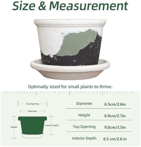 2.5 Inch Mini Ceramic Planter Pot with Drainage Hole and Saucer, Round Flower Pot for Indoor Plants, Cactus Herbs Windowsill Decor(White&Green) - Image 4