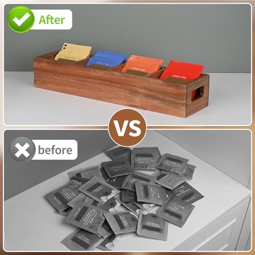 Acacia Wood Tea Bag Organizer with 4 Slots – Tea Bag Holder and Tea Organizer, Sugar Packet Storage for Countertops, Set of two - Image 5