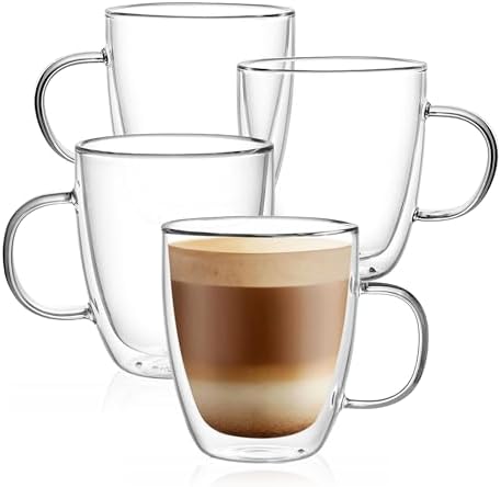 CNGLASS Glass Coffee Mugs 12oz,Double Walled Insulated Cappuccino Mug with Handle,Clear Espresso Cups for Cappuccino,Latte,Tea Bags,Hot and Cold Beverages,Set of 4 by CNGLASS