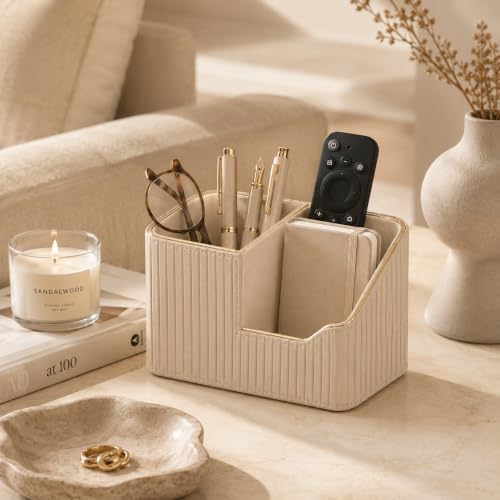 KINGFOM Luxury PU Leather Desk Organizer for Office Accessories, Aesthetic Pen Holder for Desk, Modern Desktop Storage Organizer for Women Home Office Supplies, Beige with Gold Trim - Image 6