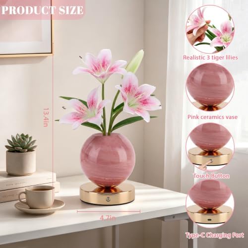 Pink Tiger Lily Flower Lamp, Rechargeable Cordless LED Floral Table Lamp - Image 6