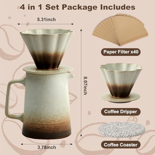 Pour Over Coffee Maker, Ceramic Coffee Dripper with 40pcs V02 Paper Filter & Coaster, 18.2oz/540ml Flower Shape Pour Over Coffee Filter set (Brown Gradient Set) - Image 3