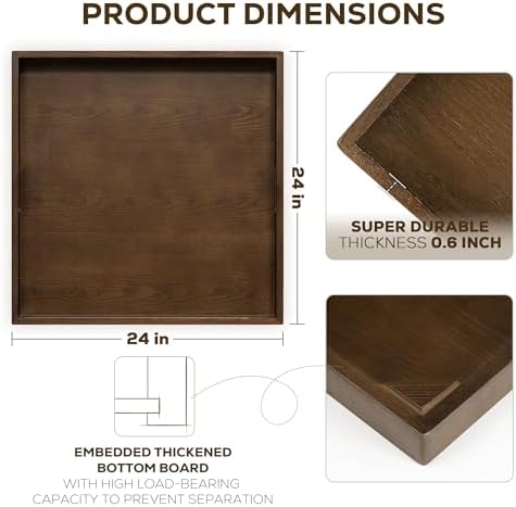 Axeman 24 Inch Large Square Wooden Ottoman Tray for Living Room|Extra Large Serving Tray with Handles for Coffee Table, Breakfast|Decorative Wood Tray for Ottoman Couch Sofa Kitchen|Walnut - Image 2
