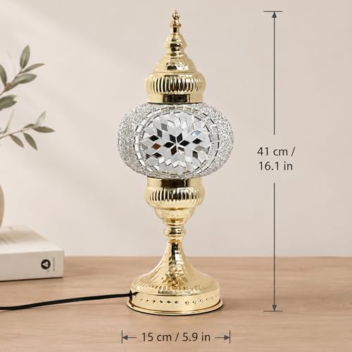 GOGERS Turkish Mosaic Table Lamp, Amber Glass Bedside Lamp with Gold Metal Base, E12 LED Bulb Included, Warm Ambient Decorative Lamp for Bedroom, Living Room, Nightstand, Home Decor Gift (White) - Image 2