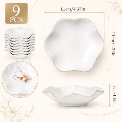 9 Pcs Ceramic Jewelry Dish Bulk White Lotus Leaf Shape Ring Holder Dish, Small Key Bowl Decorative Ring Tray, Ceramic Trinket Tray for Earrings, Rings, Key Bowl (White, 4.3in) - Image 2