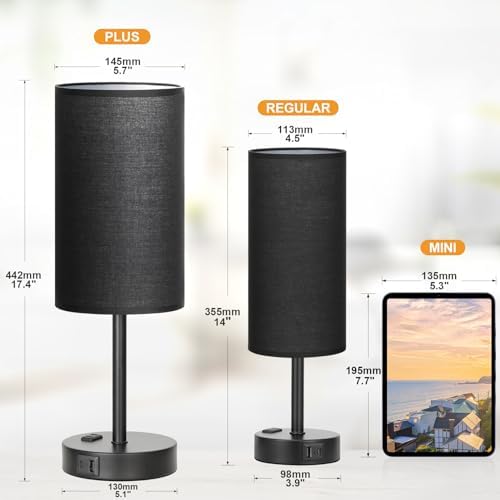 Fenmzee 17.4" Black Lamp for Bedroom - Dimmable Touch, USB A+C, AC Outlet - Image 2