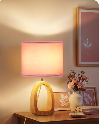 Pink Table Lamp, 14.2" Small Cute Desk Lamp, Wood Bedside Lamp with Pink Linen Lampshade & Natural Wood Base, Modern Nightstand Lamp for Girl's Room, Bedroom, E26 Base, MP07TL05 by GOEBLESON