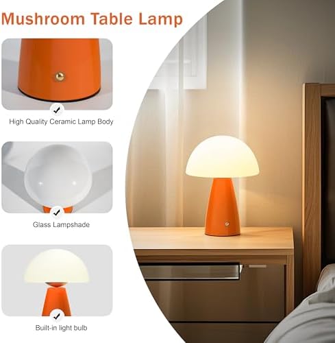 Mushroom Lamp Glass Rechargeable Battery Operated Mushroom Table Lamp Orange LED Vintage Modern Cordless Small Lamp Retro Dimmable Bedroom Nightstand Bedside Decor Aesthetic Home Birthday Gift - Image 3