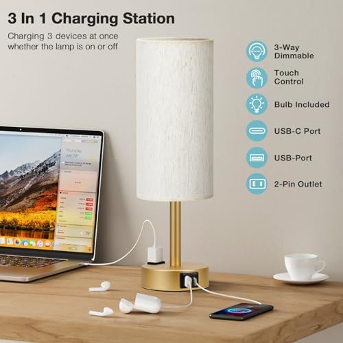 Fenmzee Gold Bedside Lamp for Bedroom, Dimmable Touch, USB A+C, AC Outlet - Image 3