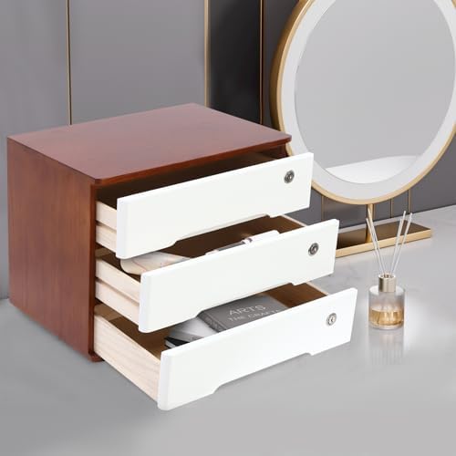 3-Tier Desktop Storage Box with Lockable Drawer, Wooden Desk Organizer for Office Supplies, Flat File Cabinet, Minimalist Design for Home & Office Use(Walnut+White) - Image 4