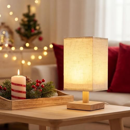 Small Table Lamp Set of 2, Square Short Bedside Lamps 2700K Warm LED with Linen Shade & Wood Base, USB Nightstand Lamps for Bedroom Living Room - Image 4