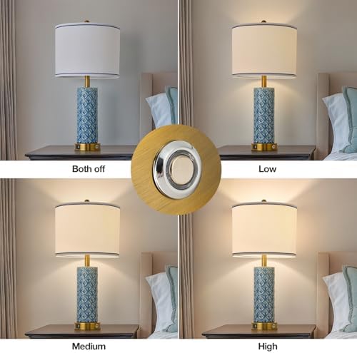 Set of 2 Table Lamp for Living Room Bedroom Farmhouse,26'' Touch Control Bedroom Aqua Blue Ceramic Lamps 3-Way Dimmable Bedside Lamps with USB A+C Ports Linen Shade for Home - Image 4