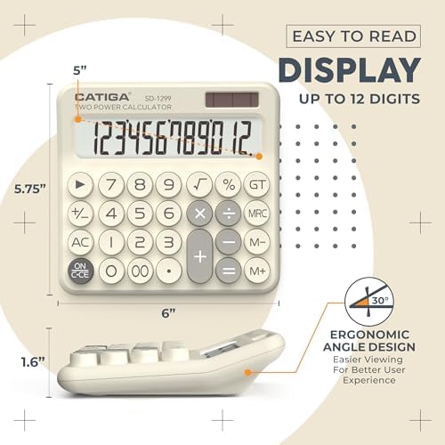 CATIGA Mechanical Switch Calculator with Solar and Battery Dual Power, 12-Digit Large LCD Display, Aesthetic and Cute Desktop Calculator with Big Button, for Home, School and Office Use, SD-1299 - Image 3