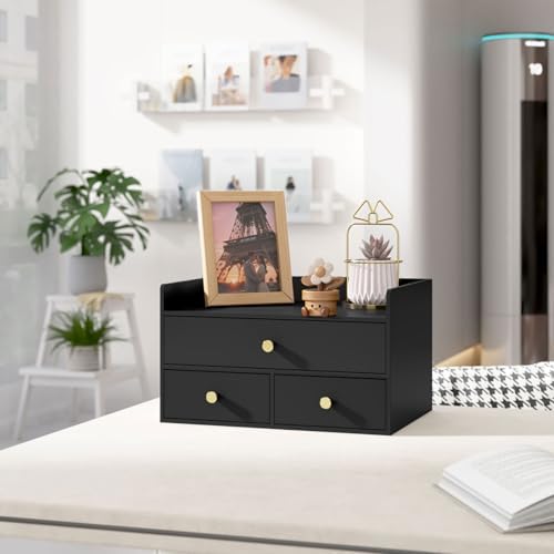 Bamboo Desk Organizer with Drawers,Wooden Desktop Storage (3 Drawers,Black) - Image 5