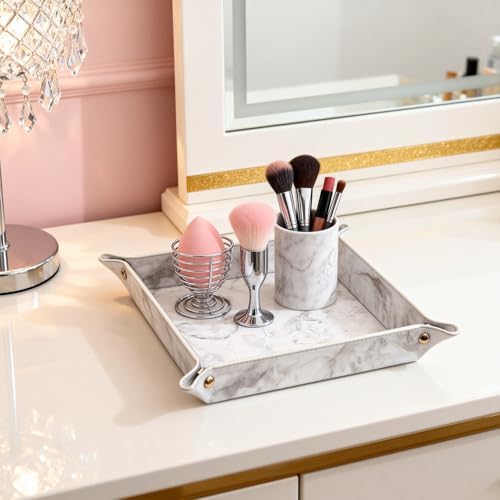 Valet Tray Desktop Storage Organizer – Vegan Leather Catchall Bedside Vanity Tray Nightstand Caddy Holder for Remote Controller, Watch, Keys, Phone, Wallet, Coin, Jewelry, Marble White - Image 4