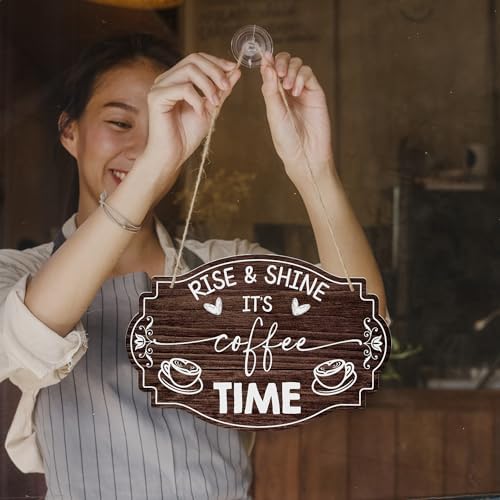 Coffee Bar Sign, Rise & Shine It's Coffee Time, 8 X 12 Inches Wooden Hanging Sign With A Hemp Rope, Kitchen Cafe Bar Station Door Decorations Wall Decor Accessories - Gifts For Friends Family - A06 - Image 4