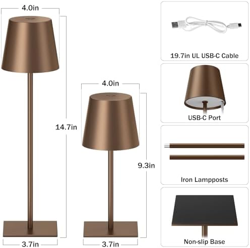 Kakanuo Brown Cordless Rechargeable Table Lamp, 2 Pack Portable Desk Lamp with 5000mAh Battery, Touch Control Stepless Dimming, for Dining, Outdoor Camping, Coffee Shop - Image 4