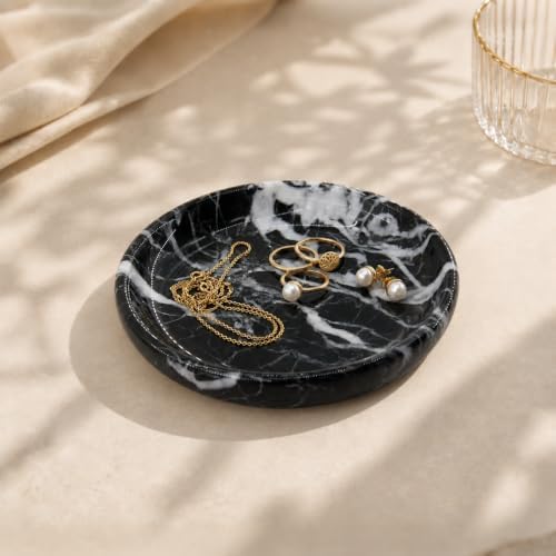 Small Natural Marble Jewelry Tray Key Plate Holder Dish Trinket Decor Catch All Bowl for Ring Earring Stone Gift for Women Daugther,Black,5.5" by Unknown
