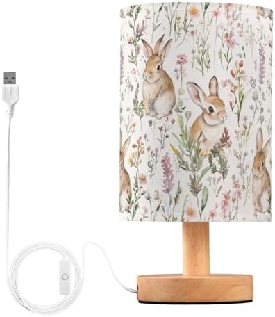 Fustylead Cute Rabbits Wild Flower Rabbit Bedside Table Lamps with USB Port for Bedroom LampSmall Nightstand Lamp Sturdy Linen Shade Wooden Base Decorative Lamps for Nursery Kids Reading Dorm Home by Fustylead