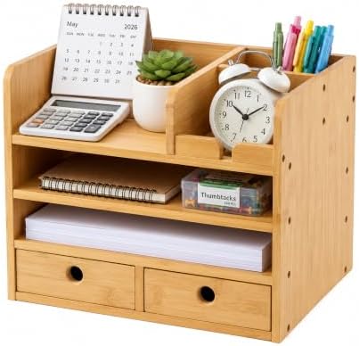 Bamboo Desk Organizer with Drawers, Makeup Storage for Home Office by Unknown