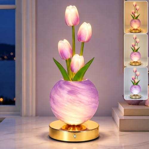 Tulip Table Lamp, Rechargeable Cordless Touch Dimming Artificial Tulip Flower Desk Lamp, LED Flower Bedside Night Light Romantic Gifts for Girl Women Mom (Purple Tulip) by Strackvial