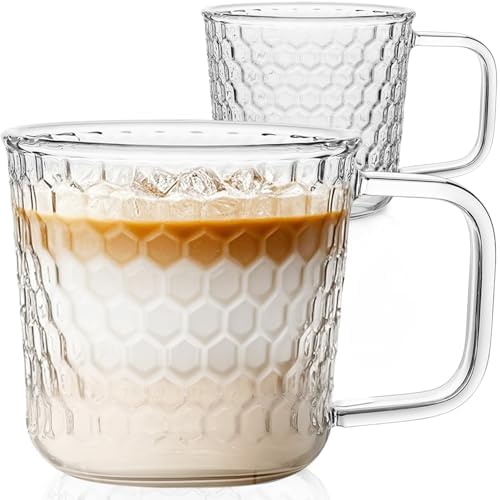 Aquach 16oz Glass Cups with handle Set of 2, Large Clear Coffee Tea Mugs by Aquach