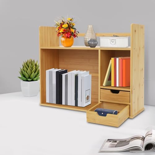 Bamboo Desk Organizer and Shelf Unit, 2-Tier Desktop Bookshelf with 2 Drawers, Sturdy Natural Tabletop Storage for Office Home Students, Space Saver, 22.83 * 18.11in, Holds 110lbs - Image 2