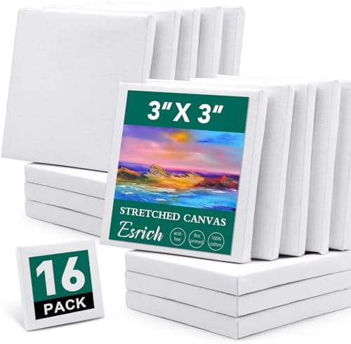 ESRICH Mini Stretched Canvas 16Pack 3x3inch, 2/5Inch Profile Art Primed Canvases for Painting, Cotton Small Professional Stretched Canvas for Kids and Art Supplies. by ESRICH