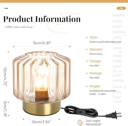 Mid Century Modern Table lamp Small Table Lamps with Touch Switch Amber Glass Table lamp Gold Desk lamp nightstand lamp Bedside Table Lamps for Bedroom Living Room Office - Image 4