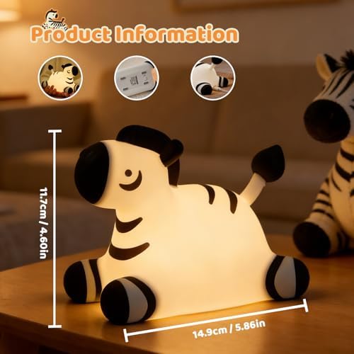 Zebra Silicone Night Light, Kawaii LED Cute Bedside Night Lights Dimmable Touch Control USB Rechargeable Squishy Lamp with Timer for Bedroom Animal Decor Adults Birthday Gifts Party Travel - Image 3