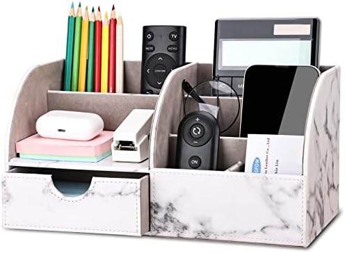 KINGFOM Pu Leather Desk Organizer Pen Pencil Holder Office Supplies Caddy Storage Box 6 Compartments with Drawer Gray Marble by KingfomLeatherHomeOfficeDecor