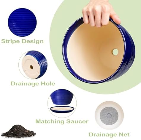 Ceramic Planter Pot - 12 Inch Pot for Plants Large Indoor Plant Pot with Drainage Hole and Saucer Fluted Round Planter for Outdoor Plants Flower Pot for Home Garden Blue - Image 5