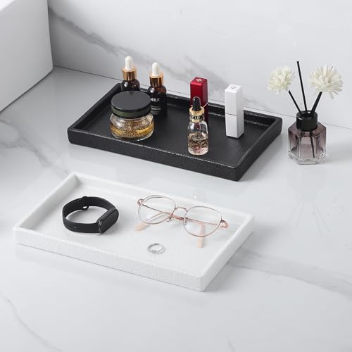 Bathroom Vanity Tray - 11'' Ceramic Rough-Textured Rectangle Countertop Tray, Heavy-Duty Organizer Plate for Perfume, Jewelry, Candles, Soap Dispenser, Kitchen Decorative Stone Trays, White - Image 4
