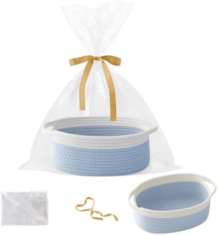 Woven Rope Basket - Baby Gift Basket with Bag & Ribbon, White&Blue by HZFTJOY