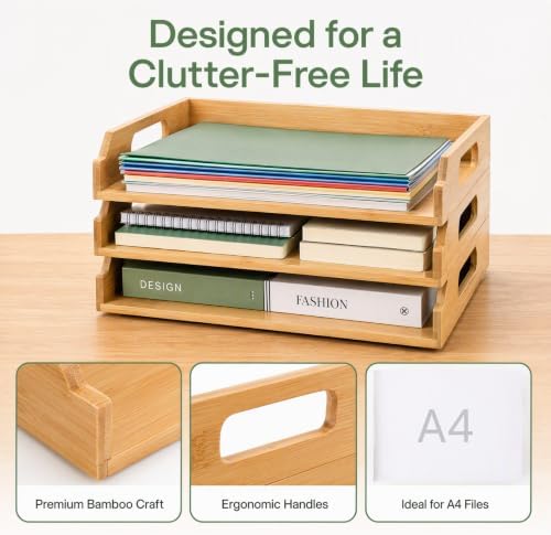Okllen 3 Pack Stackable Paper Trays, Bamboo Desk Letter Tray Set, 3 Tier File Document Organizer Tray for A4 Paper, Magazine, Receipts, Office Supplies - Image 5
