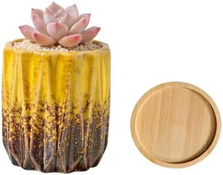 Modern Textured Ceramic Succulent Planter Pot – (No Plant Included) – Perfect for Small Plants, Cacti & Desk Decor – Lightweight & Durable，Yellow by SJBAG