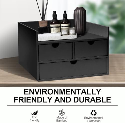 Charmewooden Bamboo Desk Organizer 3 Drawer with Shelf, Countertop Organizer with Drawers Makeup Storage Drawer 3 Drawers Tabletop Storage Organization Box Home Office Workspace（Black） - Image 4