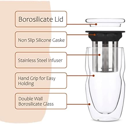 BTaT- Double Wall Glass Tea Cup With Stainless Steel Infuser and Lid, 16 oz, Borosilicate Glass Tea Mug Infuser, Gifts for Tea Lovers - Image 2