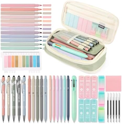 56 PCS Aesthetic School Supplies with Large Pencil Case, 5 Inspirational Ballpoint Pens, 12 Pastel Highlighters, 5 Black Ink Gel Pens, 6 Mechanical Pencils 0.5-0.7mm College Student Essentials (Green) by Unknown
