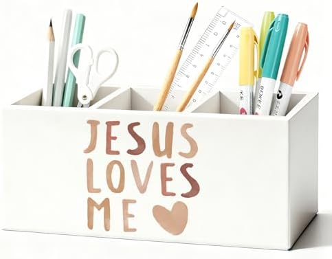Boho Christian Inspirational Pen Holder, Christian Gifts Pencil Holder for Desk, Jesus Loves Me Bible Verse Wooden Box Sign Decorations for Kids Nursery Room Bedroom Classroom Desk Tabletop by Unknown