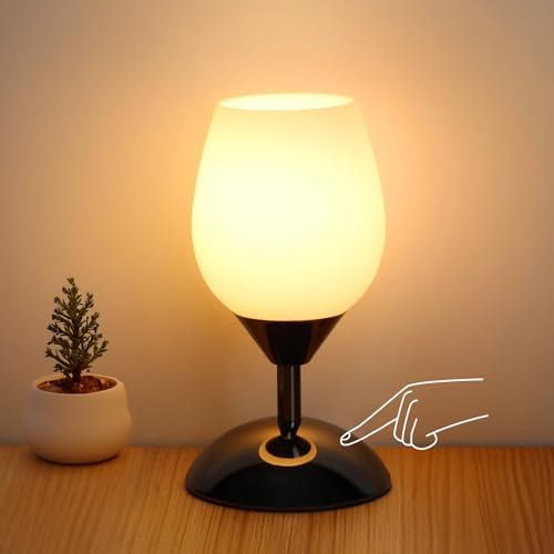 Touch Control Table Lamp Dimmable Small Lamp, Ambient Light with Opal Glass Shade Simple Night Light, Modern Accent Lamp Bedside Nightstand Lamp for Bedroom Living Room, E12 Bulb Included by Boncoo